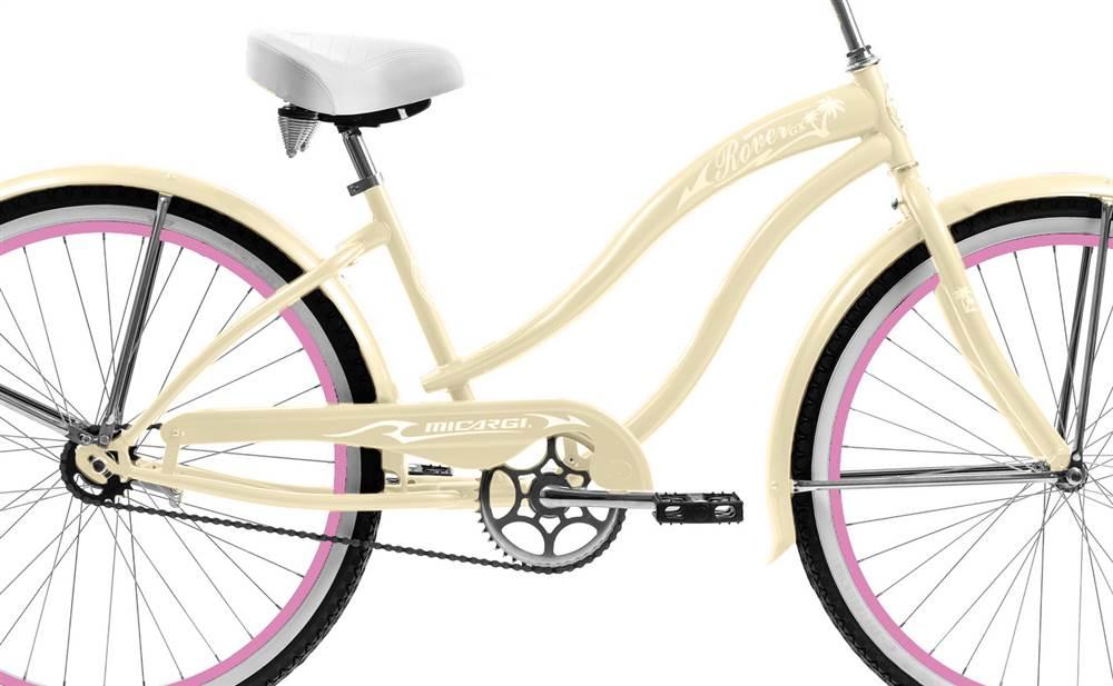 Micargi ROVER GX 26" Beach Cruiser Coaster Brake Single Speed  Steel Spokes One Piece Crank Alloy Pink Rims 36H With Fenders Color: Vanilla/ Pink Rim