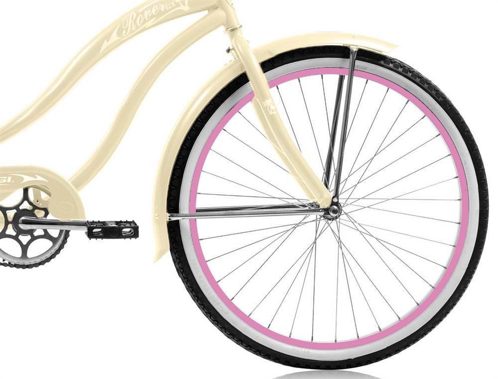 Micargi ROVER GX 26" Beach Cruiser Coaster Brake Single Speed  Steel Spokes One Piece Crank Alloy Pink Rims 36H With Fenders Color: Vanilla/ Pink Rim