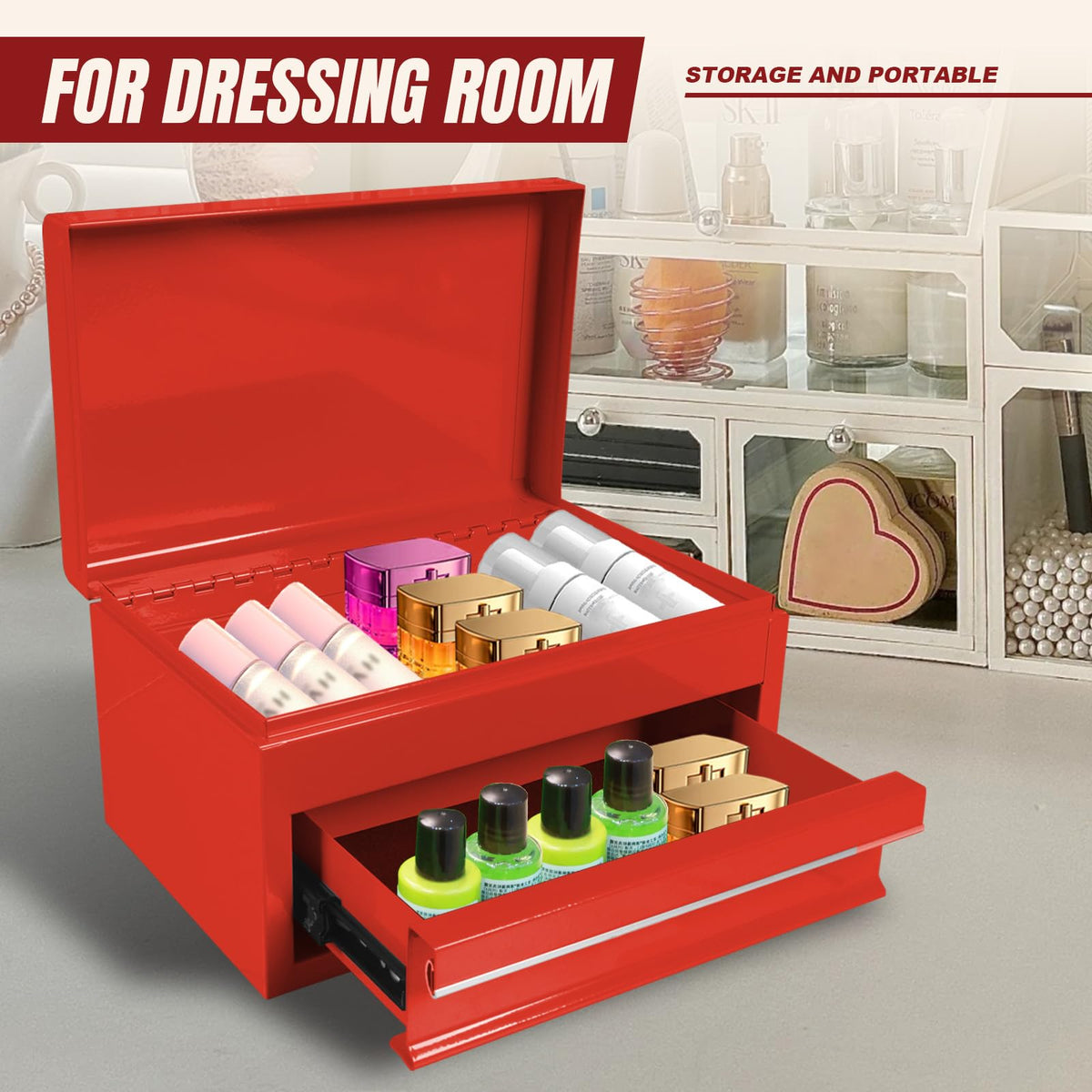 APBT701RB 10" Mini Portable Steel Tool Box with drawer,Small Metal Tool Chest for Home,Garaor Workbench,Red
