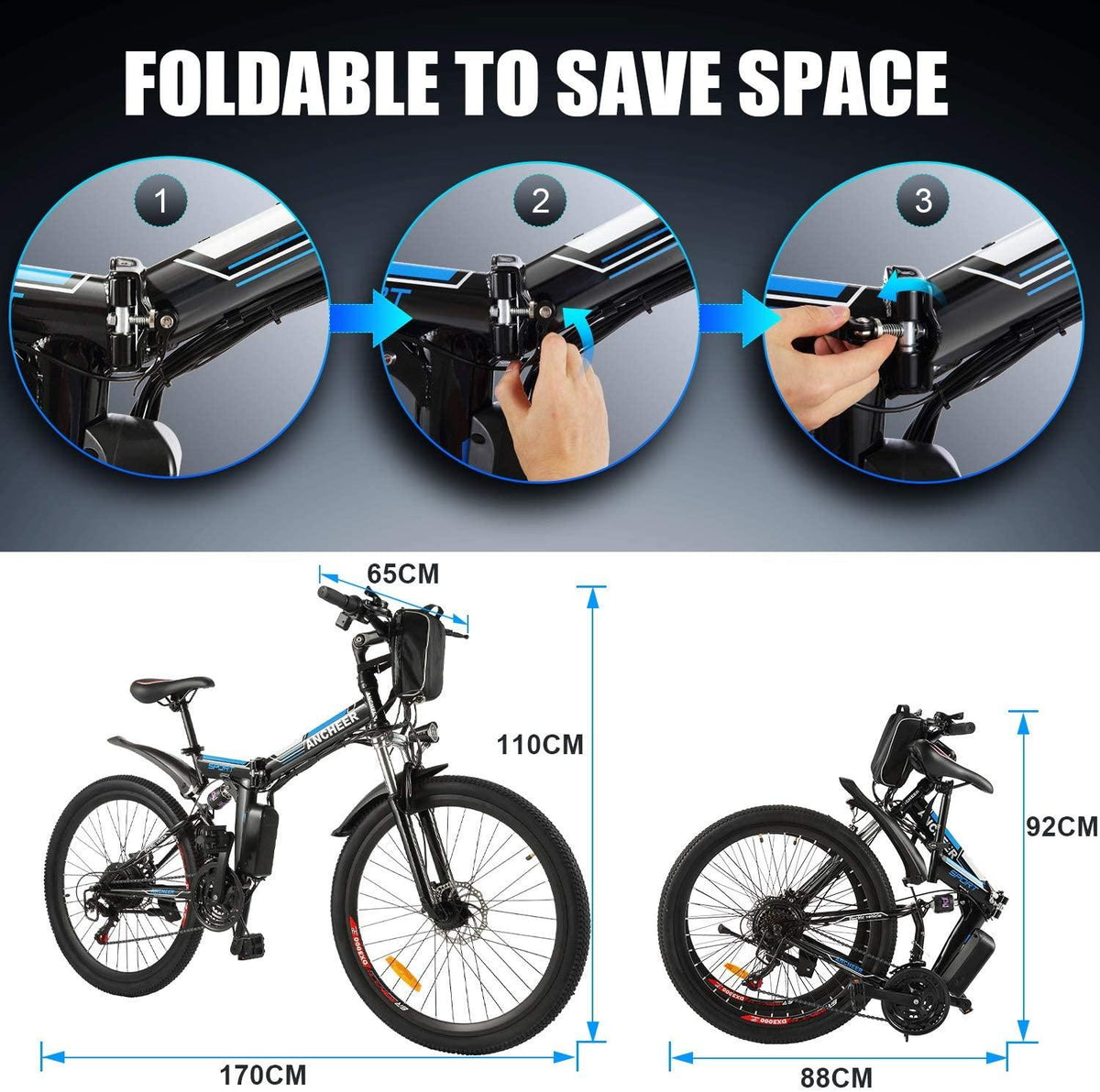 ANCHEER 26'' Folding Electric Bike, Commuting Ebike Electric Mountain Bike with 36V 8Ah Lithium-Ion Battery, Premium Full Suspension and 21 Speed Gears