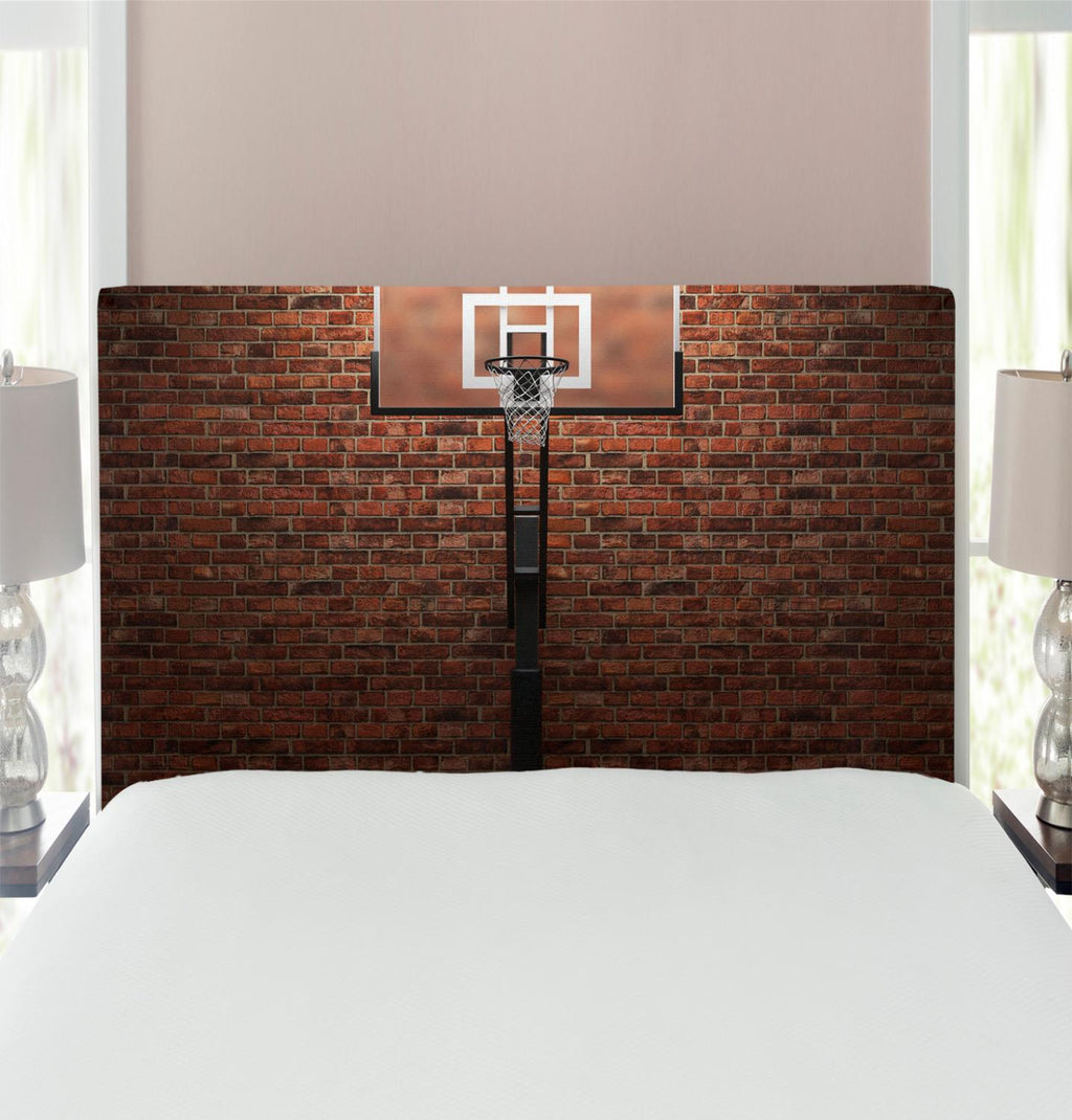 Basketball Headboard, Old Brick Wall and Basketball Hoop Rim Indoor Training Exercising Stadium Picture, Upholstered Decorative Metal Bed Headboard with Memory Foam, Twin Size, Brown, by Ambesonne