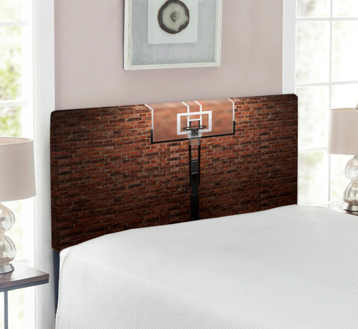 Basketball Headboard, Old Brick Wall and Basketball Hoop Rim Indoor Training Exercising Stadium Picture, Upholstered Decorative Metal Bed Headboard with Memory Foam, Twin Size, Brown, by Ambesonne