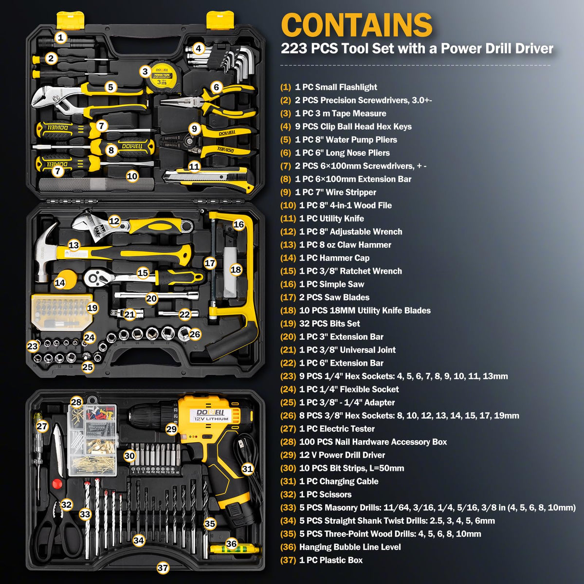223-Piece Power Drill Tool Set, 12V Cordless Drill Driver Kit with Drawer Toolbox, Socket & Bit Set, Hex Keys, Wrench for Home Renovation, DIY Projects & GaraUse