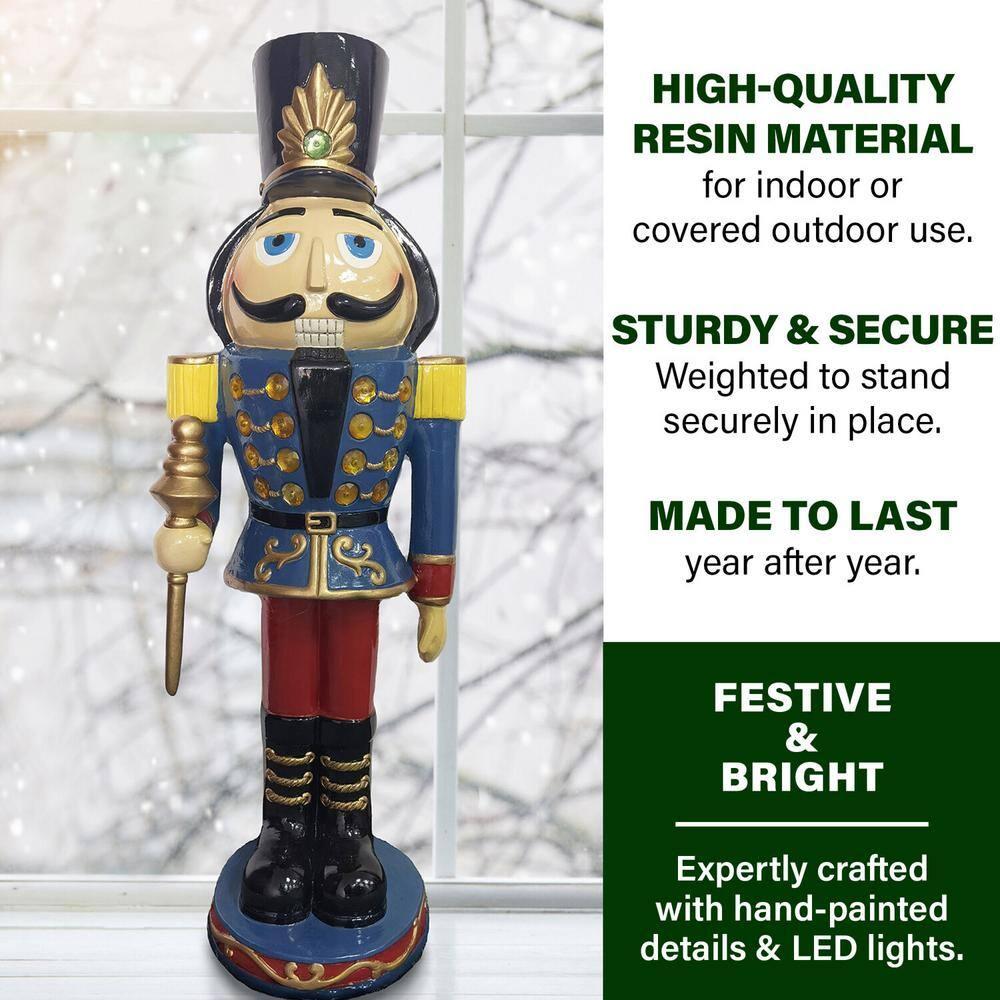 36 in. Blue Resin Christmas Nutcracker Toy Soilder Holding a Staff with LED Lights