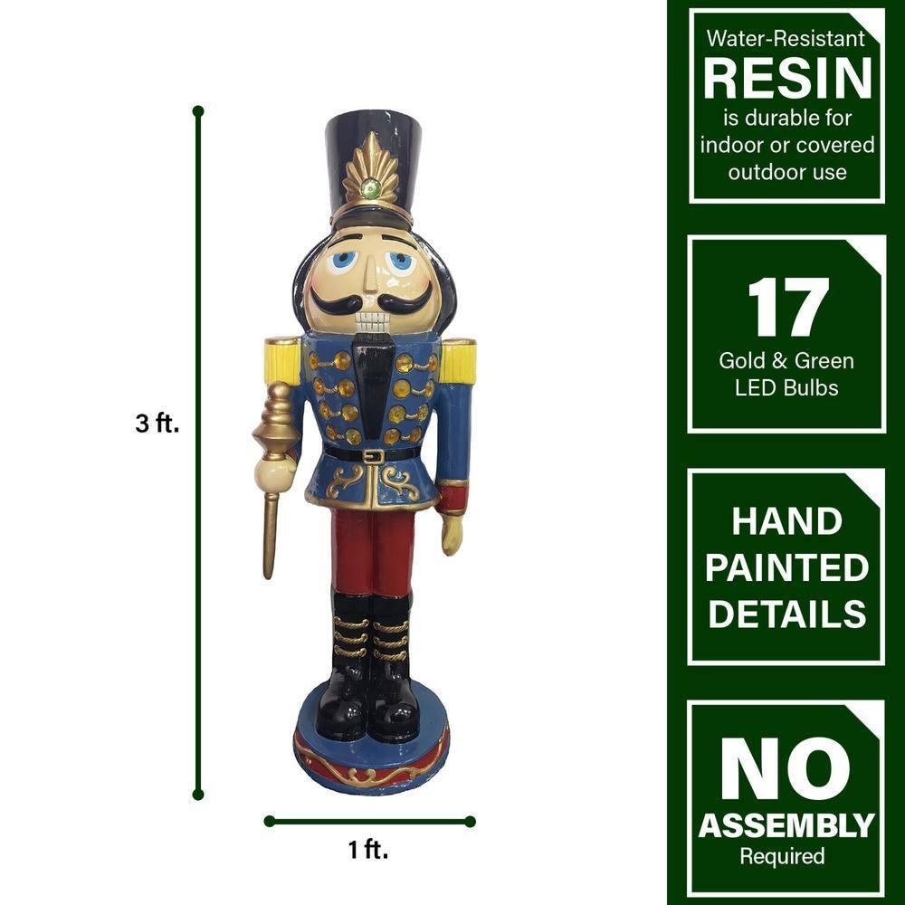 36 in. Blue Resin Christmas Nutcracker Toy Soilder Holding a Staff with LED Lights