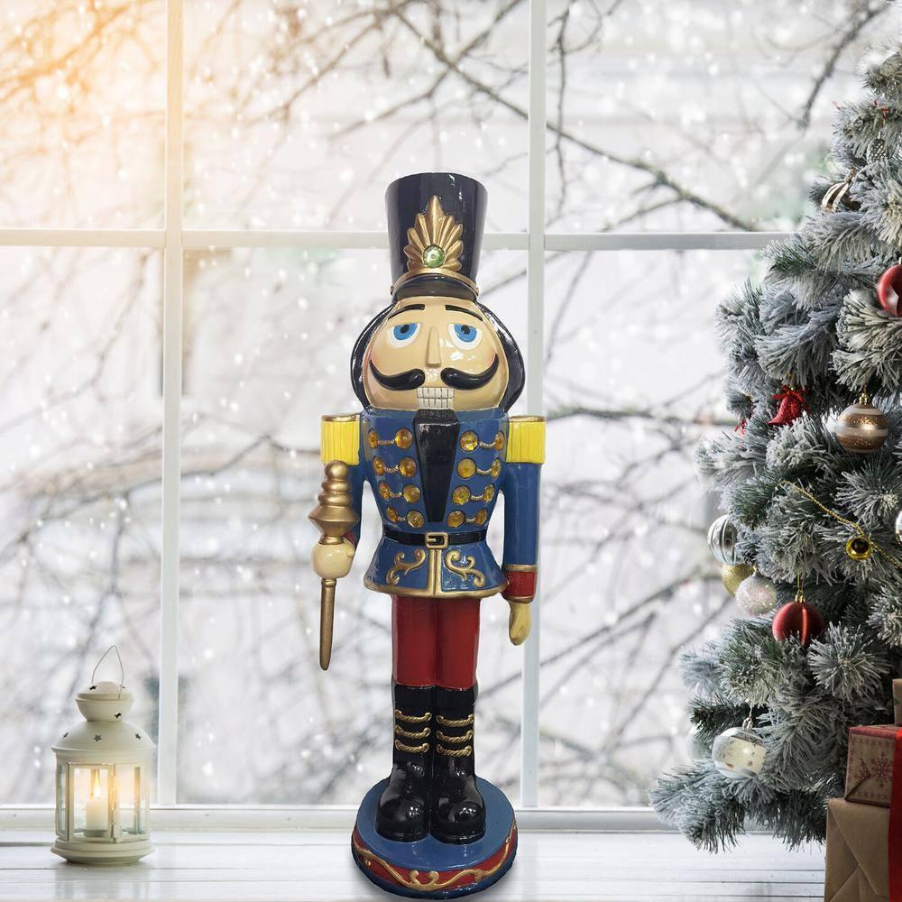 36 in. Blue Resin Christmas Nutcracker Toy Soilder Holding a Staff with LED Lights