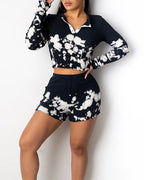 ink splash long sleeve crop top &amp; shorts set