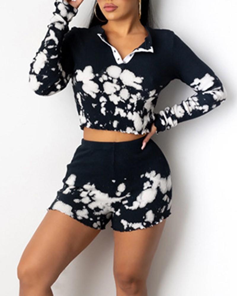 ink splash long sleeve crop top &amp; shorts set
