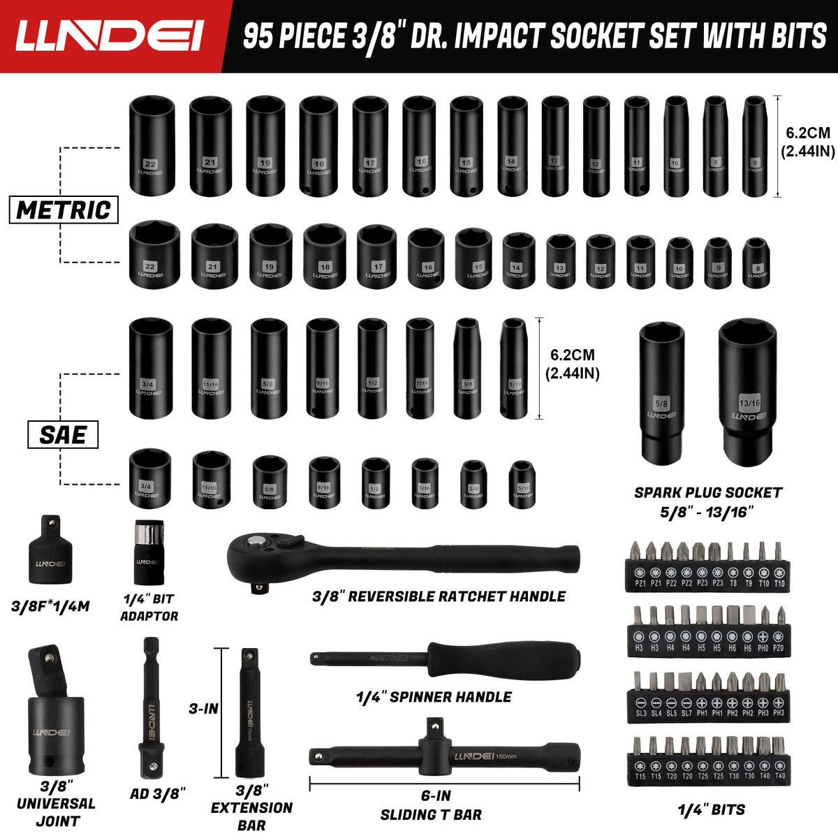 3/8”Drive Impact Socket Set,Standard SAE(5/16 to 3/4-Inch) Metric Size(8-22mm), 95 Piece, CR-V Steel Deep&Shallow Kit, Adapters, Ratchet Handle, Screwdriver Bit Set, Spark Plug Socket, 6 Point