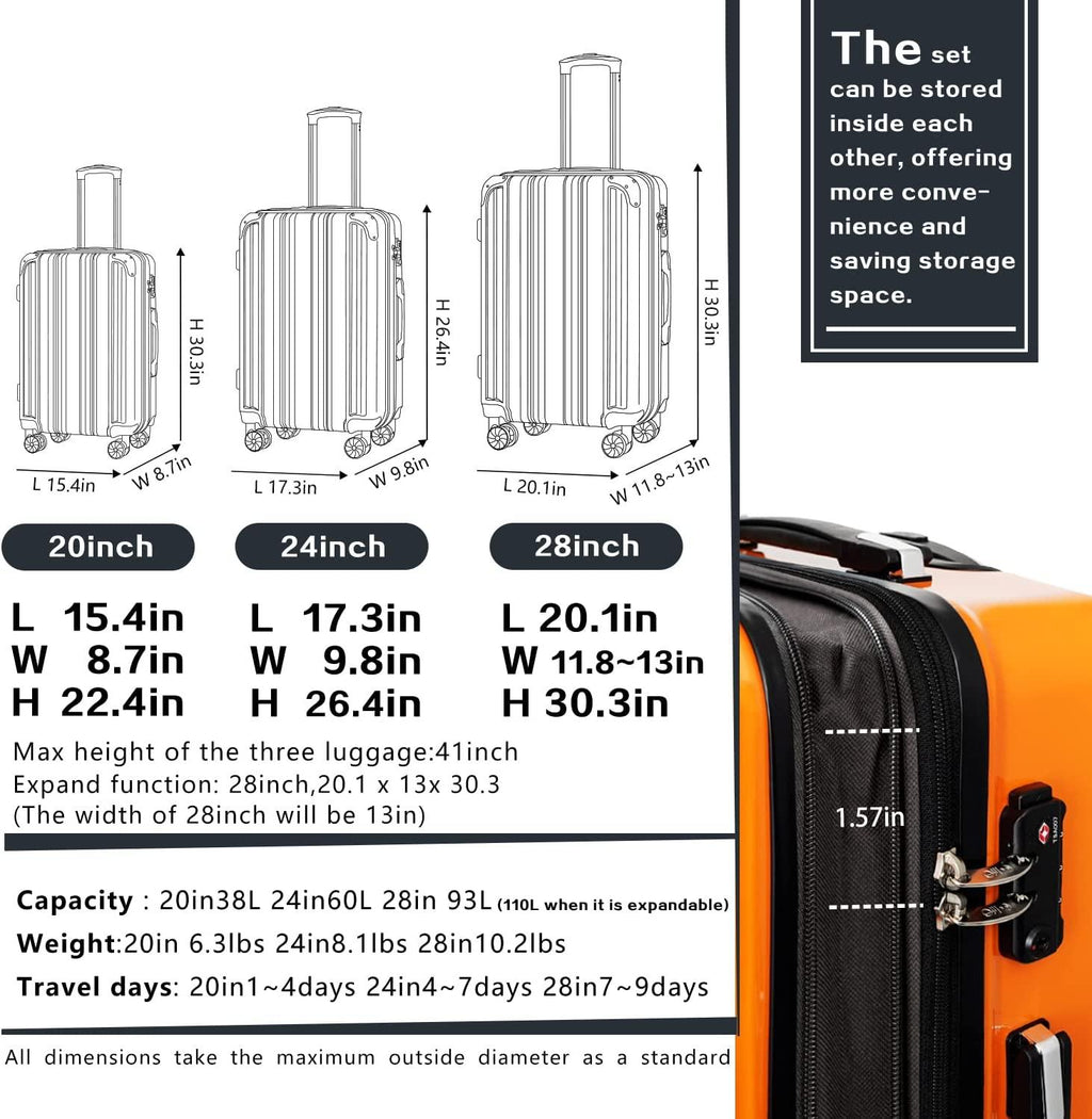 Luggage Expandable(only 28") Suitcase PC+ABS Spinner 20in 24in 28in Carry on (white grid new, L(28in))