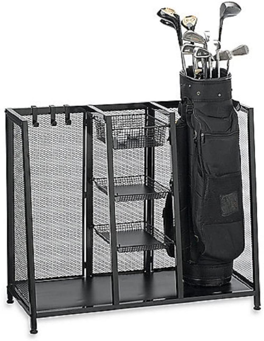 MetalTwoBagGolfOrganizer,MetalTwoBagGolfOrganizerfeaturesroomycompartmentslargeenoughtoholdtwogolfbags,3wirebasketsforstoringballs,..,ByBrandUnknown