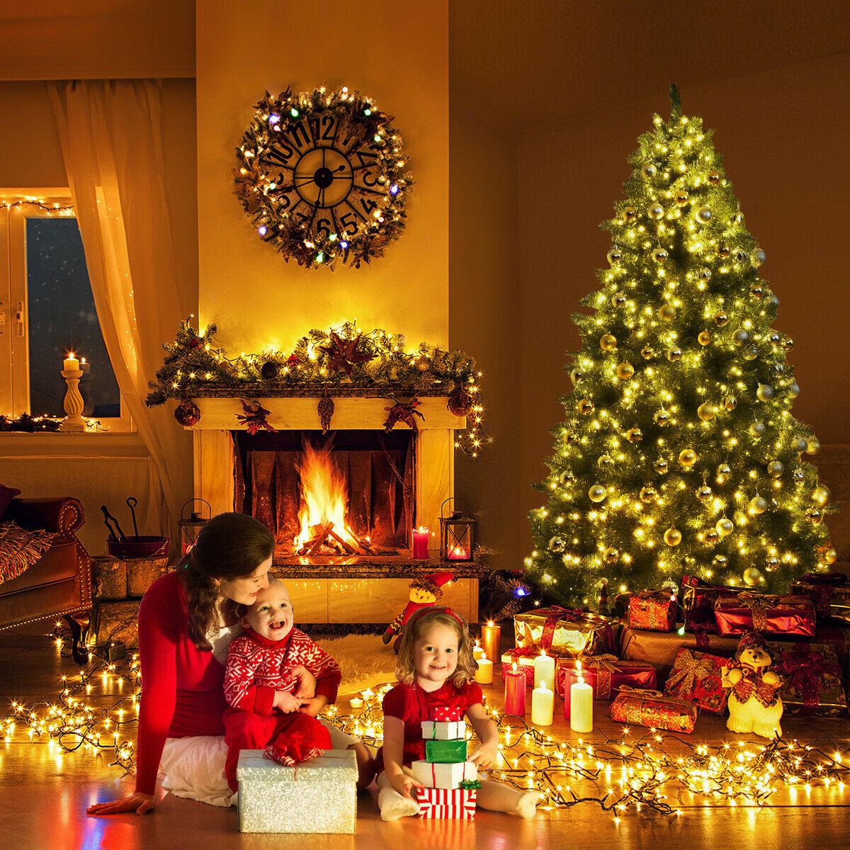 Gymax Clear Prelit 700 LED Green Hinged Full PVC Artificial Christmas Tree, with Metal Stand 7'