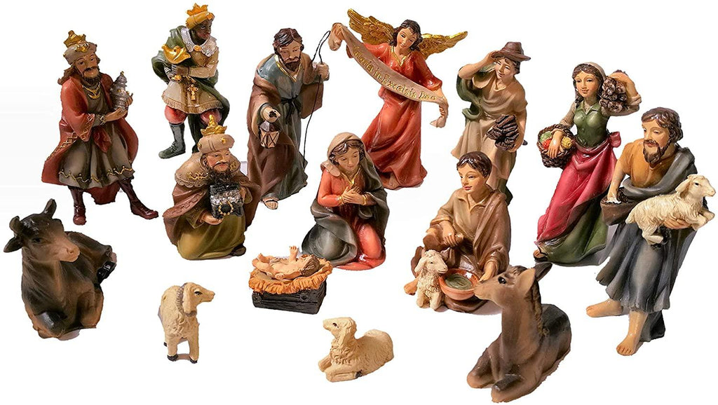 Complete Tabletop Christmas Nativity Scene with Stable and 15 Figurines by Faithful Treasure