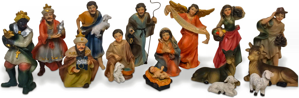 Complete Tabletop Christmas Nativity Scene with Stable and 15 Figurines by Faithful Treasure