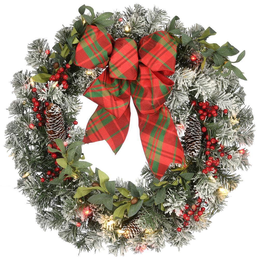 24 in. General Store Snowy Artificial Christmas Wreath with LED Lights and Bow