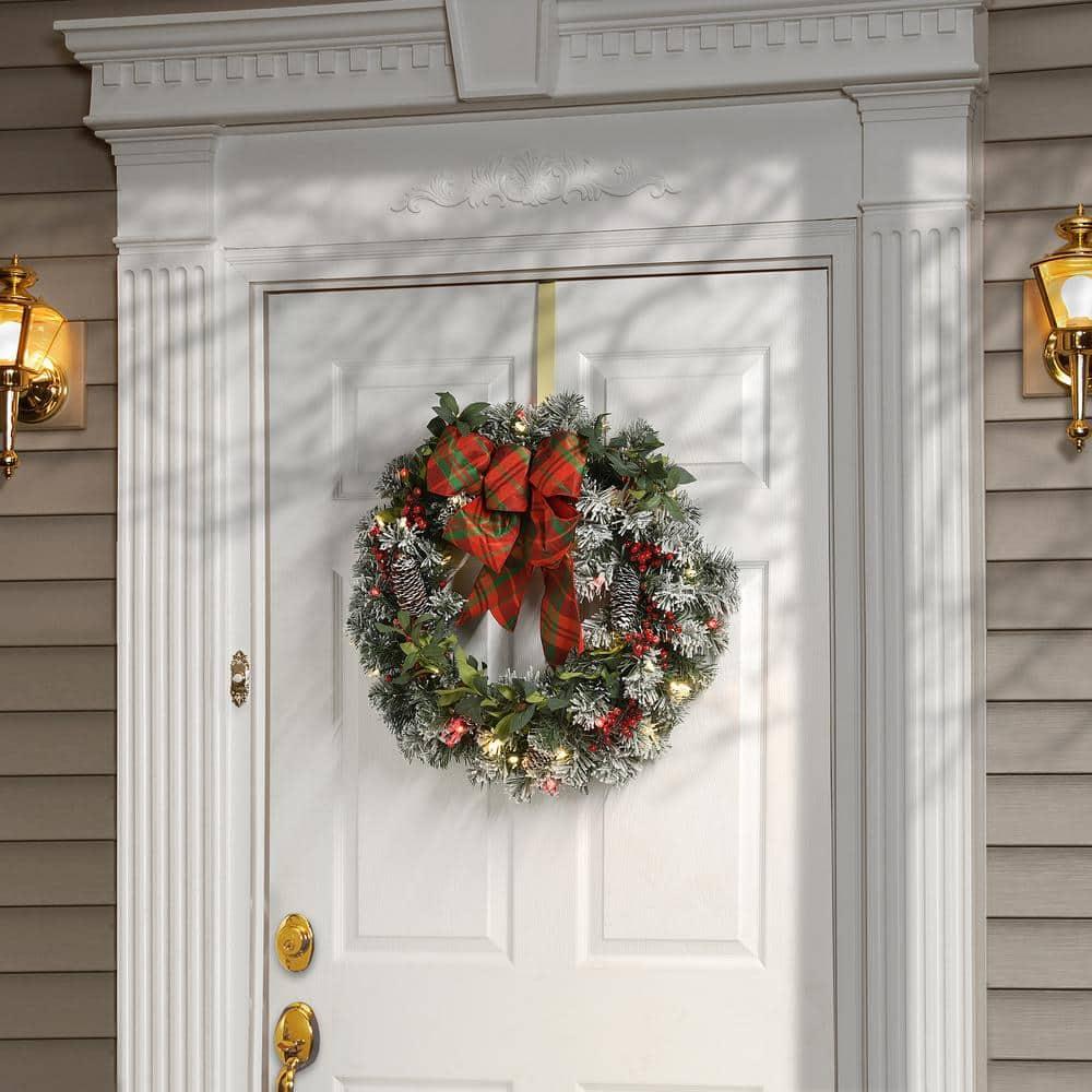 24 in. General Store Snowy Artificial Christmas Wreath with LED Lights and Bow