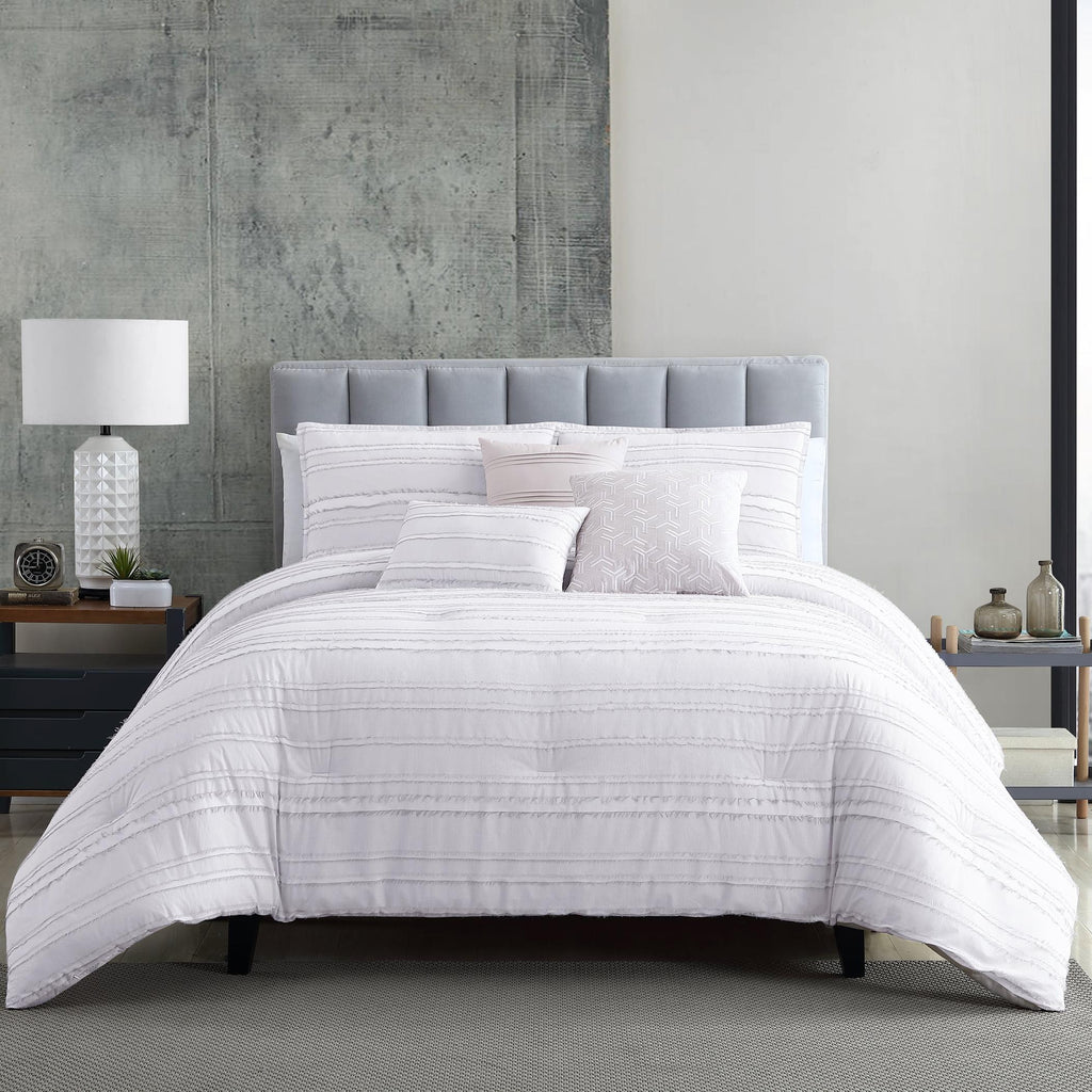 Riverbrook Home 6 pc Comforter Set, Queen, White/Gray, Boston, Clipped Jacquard, Polyfil
