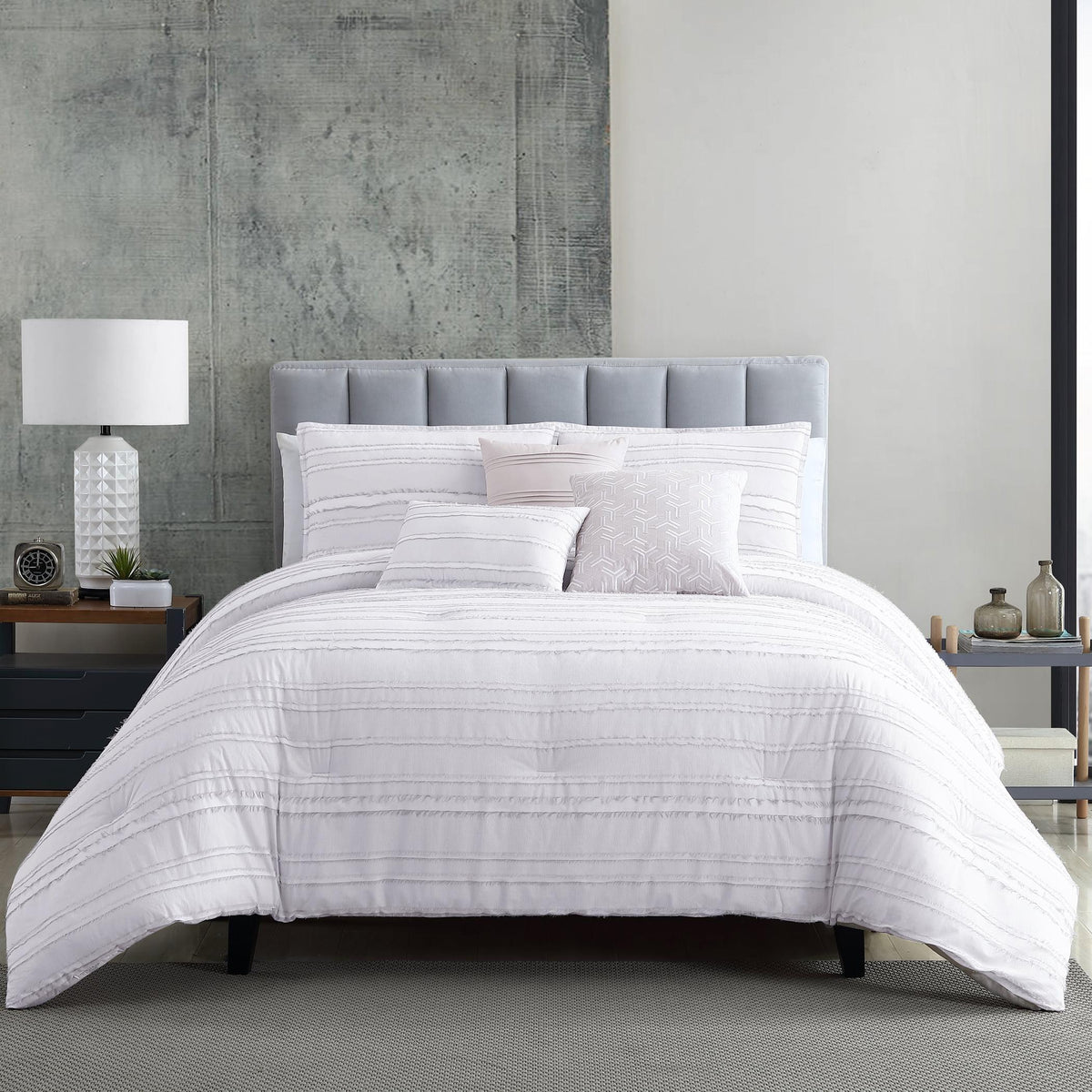 Riverbrook Home 6 pc Comforter Set, Queen, White/Gray, Boston, Clipped Jacquard, Polyfil