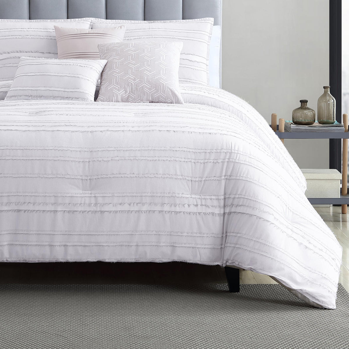 Riverbrook Home 6 pc Comforter Set, Queen, White/Gray, Boston, Clipped Jacquard, Polyfil