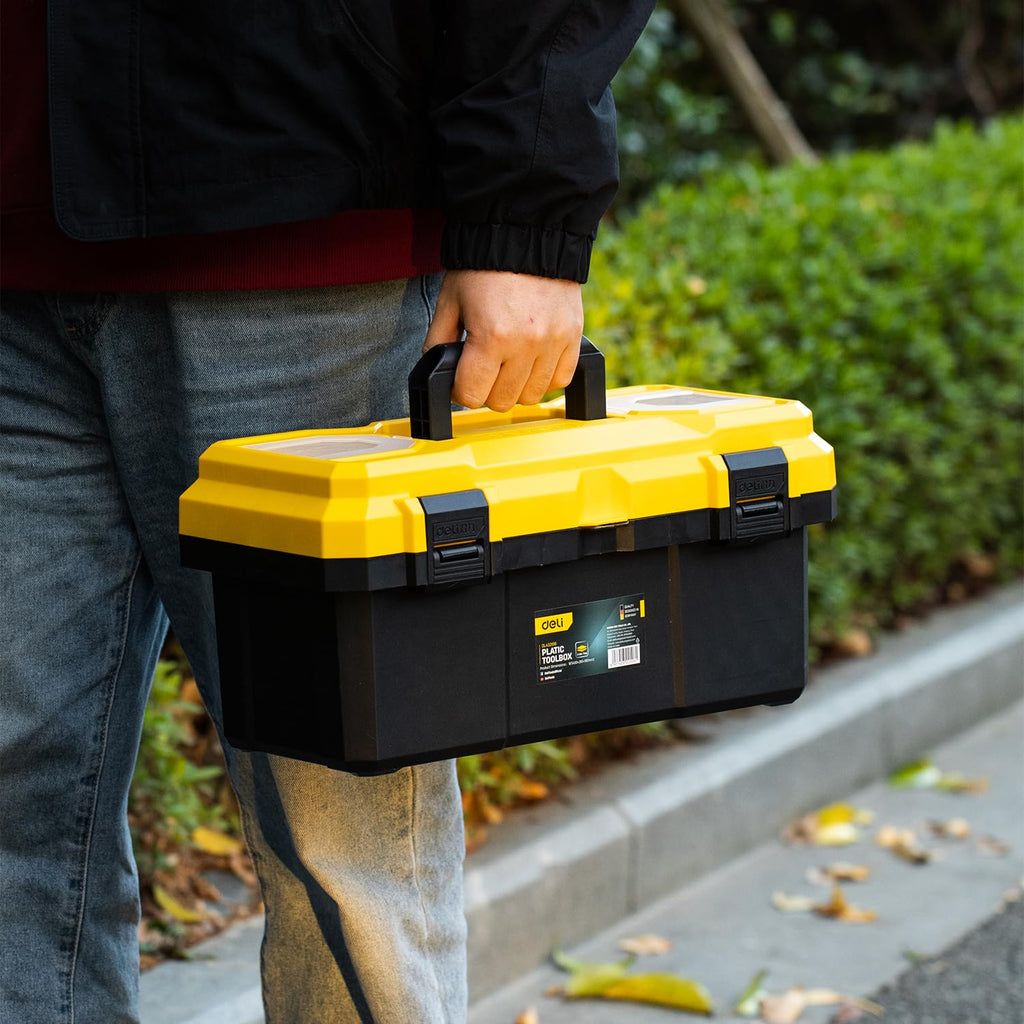 16 Inch Tool Box with Lock, 2-Layer Heavy-Duty Organizer with Removable Tray, Liftable Lid for Small Parts, 25lb Capacity & Carry Handle for Tools, Camping, Medical Supply Storage
