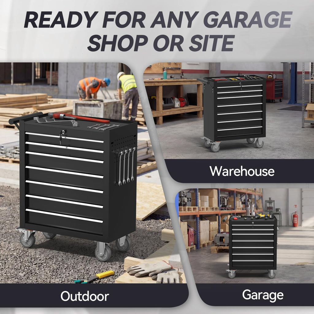 7-Drawer Rolling Tool Chest with Wheels, Metal Tool StoraCabinet with Lock&Keys and Swivel, Toolbox with Drawers, Tool Box for Warehouse,Garage, Repair Shop, Workshop (Black, 7-Drawer)