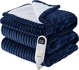 Heated Blanket Twin Size - Soft Ribbed Fleece Fast Heating Electric Blanket with 6 Heating Levels  10 Time Settings, 8 Hours Auto-Off Heated Blanket (62×84 inches, Navy Blue)