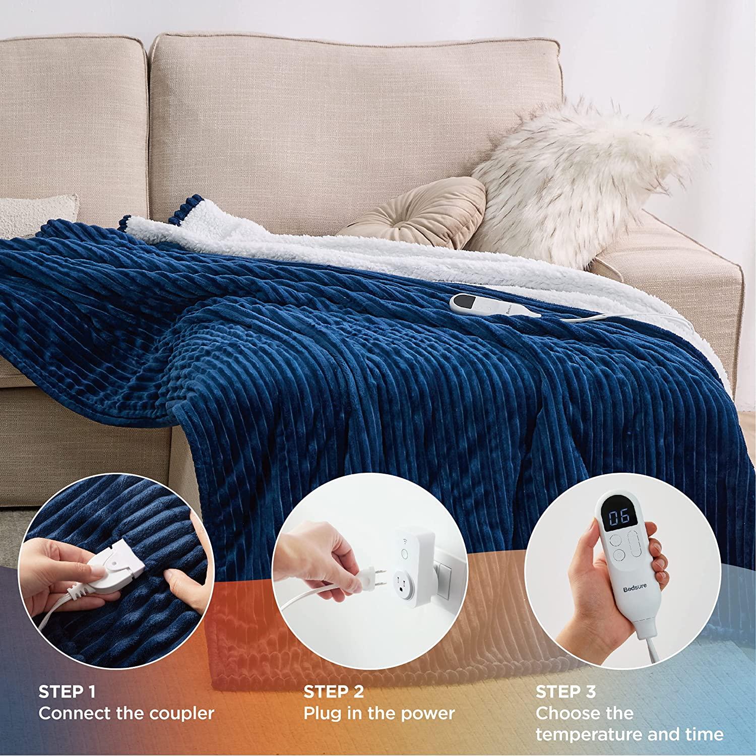 Heated Blanket Twin Size - Soft Ribbed Fleece Fast Heating Electric Blanket with 6 Heating Levels  10 Time Settings, 8 Hours Auto-Off Heated Blanket (62×84 inches, Navy Blue)