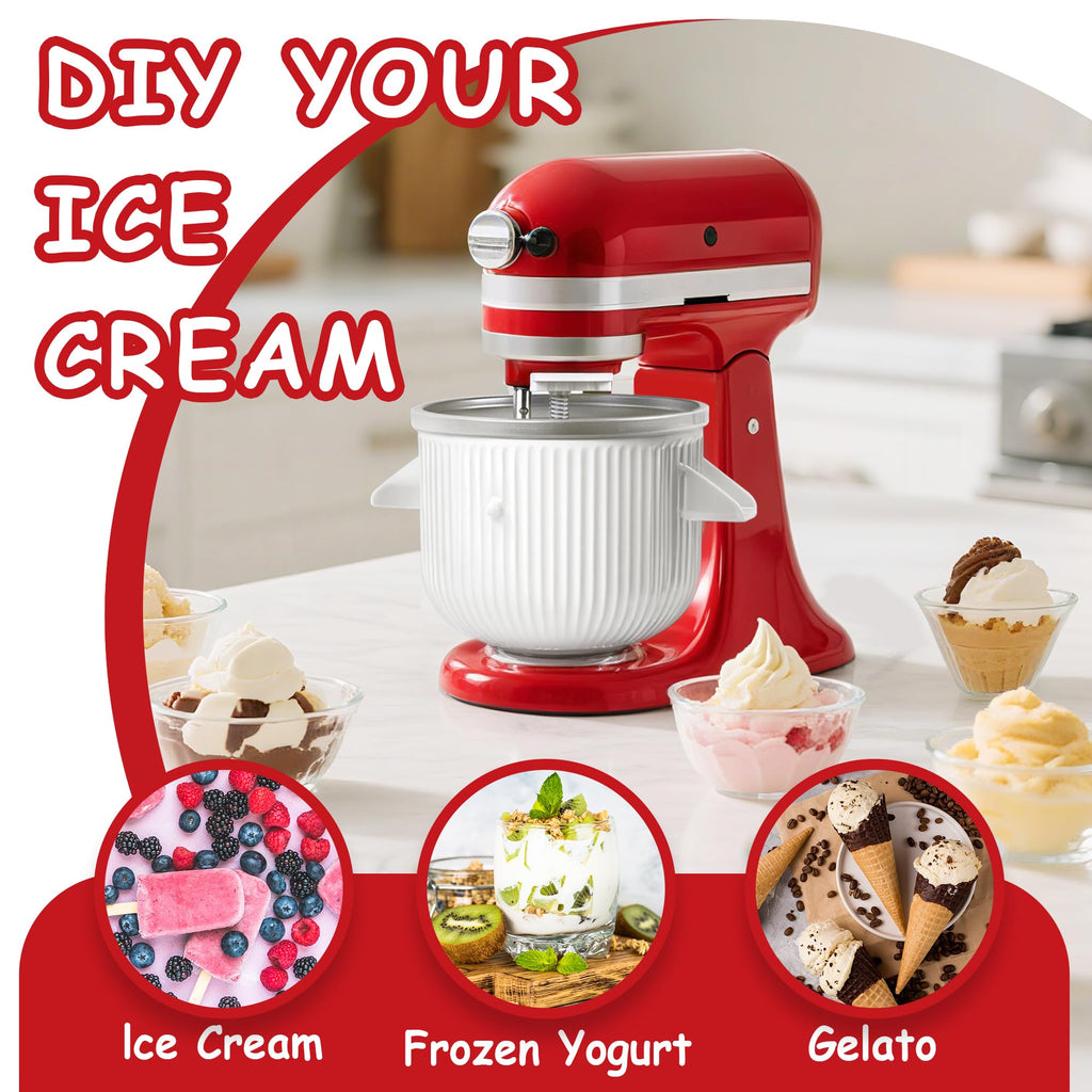 Ice Cream Maker Attachment for , Fits  4.5/5QT & 6QT Mixers, Frozen Ice Cream & Sorbet Gelato Maker, 2 Quart, White