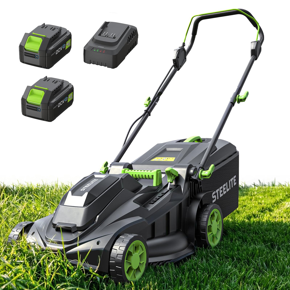 40V 17 Inch Brushless Electric Lawn Mower, Adjustable Cutting Heights Cordless Lawn Mower, 2-in-1 Bagging Mulching Lawn Care Tool, Powered by 2 Rechargeable 4.0Ah Batteries with Charger,Green