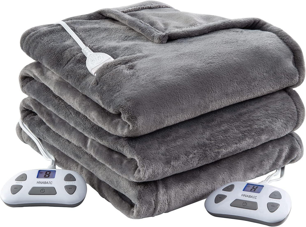 Heated Electric Blanket Queen Size, Flannel Fleece 1-10 Hours Auto-Off 10 Heating Levels (Gray, Queen Size 84" x 90" Dual Conntroller)