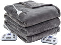 Heated Electric Blanket Queen Size, Flannel Fleece 1-10 Hours Auto-Off 10 Heating Levels (Gray, Queen Size 84" x 90" Dual Conntroller)