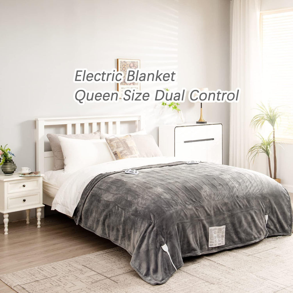 Heated Electric Blanket Queen Size, Flannel Fleece 1-10 Hours Auto-Off 10 Heating Levels (Gray, Queen Size 84" x 90" Dual Conntroller)