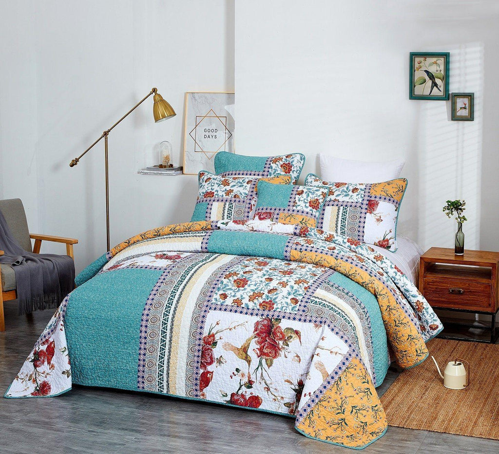 Tache Old World Garden Pastel Blue Yellow Red Hummingbirds Cotton Patchwork Quilt Set (JHW-936)