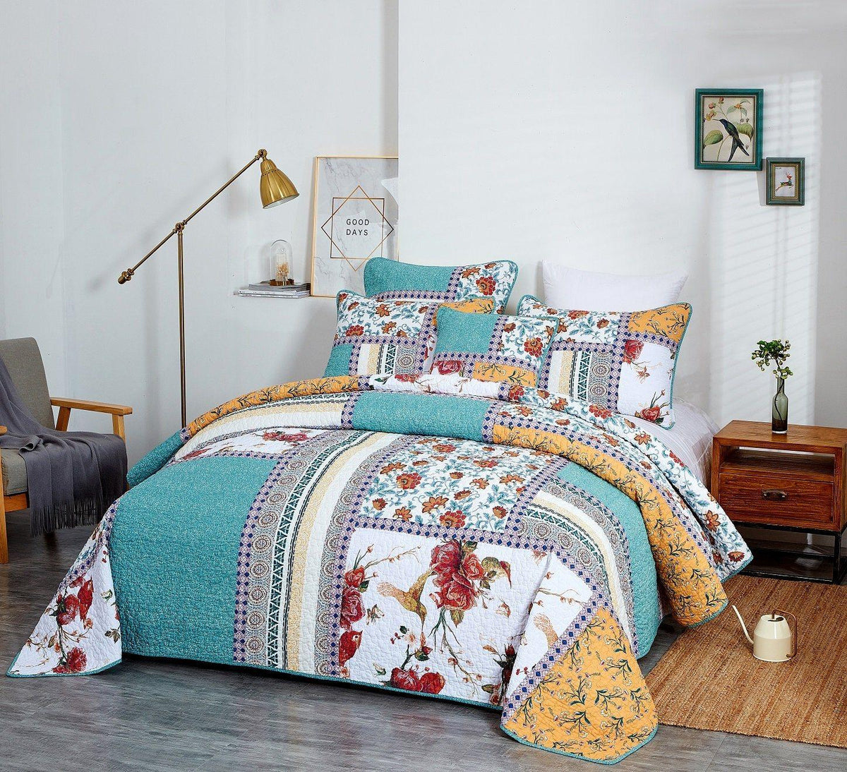 Tache Old World Garden Pastel Blue Yellow Red Hummingbirds Cotton Patchwork Quilt Set (JHW-936)