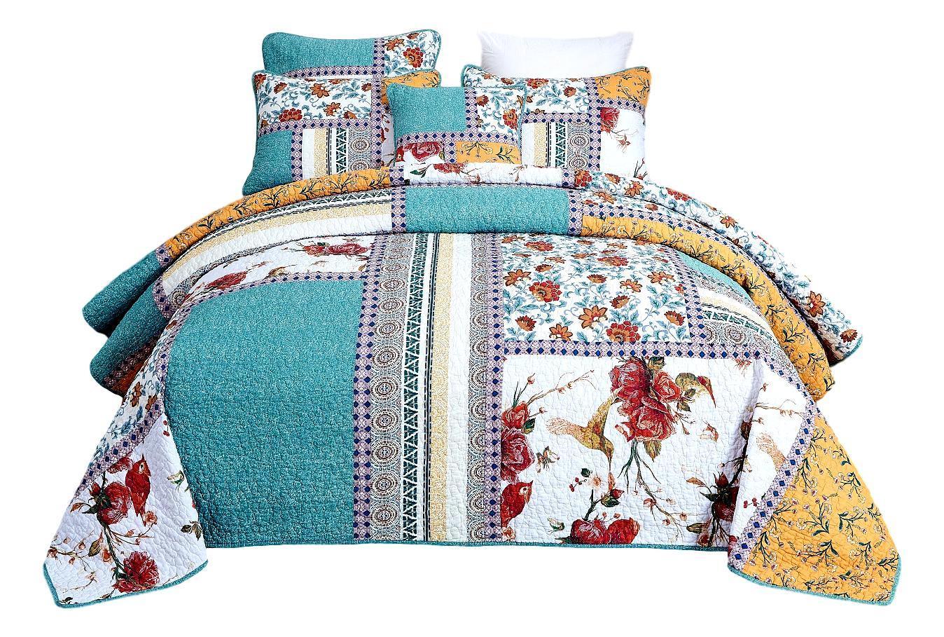 Tache Old World Garden Pastel Blue Yellow Red Hummingbirds Cotton Patchwork Quilt Set (JHW-936)