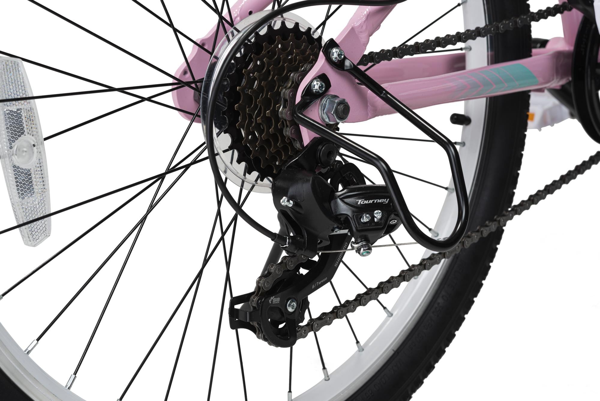 Revere Kids 24" Girls 7-Speed Cruiser Children's Bicycle for Ages 7-11 Years Old. Lightweight Aluminum Frame and Fork, Easy to Ride! (Pink/Cyan)