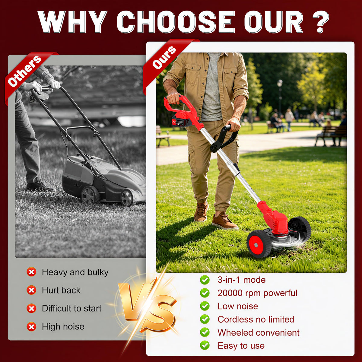 Electric Weed Wacker Cordless with Wheels,21V Lightweight Electric Weed Eater Battery Powered,4 in 1 Grass Trimmer/Brush Cutter/Lawn Edger/Lawn Mower,No String Trimmer Battery Operated for Garden Yard