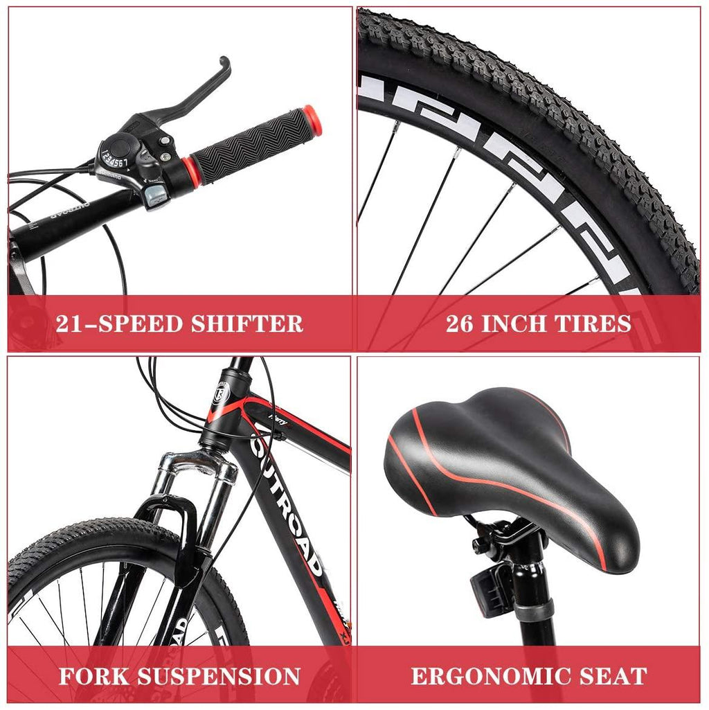 PanAme Mountain Bike 26 Inches 21 Speed Suspension Fork Anti-Slip Bicycle with Dual Disc Brake and High Carbon Steel Frame for Men and Women