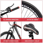 PanAme Mountain Bike 26 Inches 21 Speed Suspension Fork Anti-Slip Bicycle with Dual Disc Brake and High Carbon Steel Frame for Men and Women