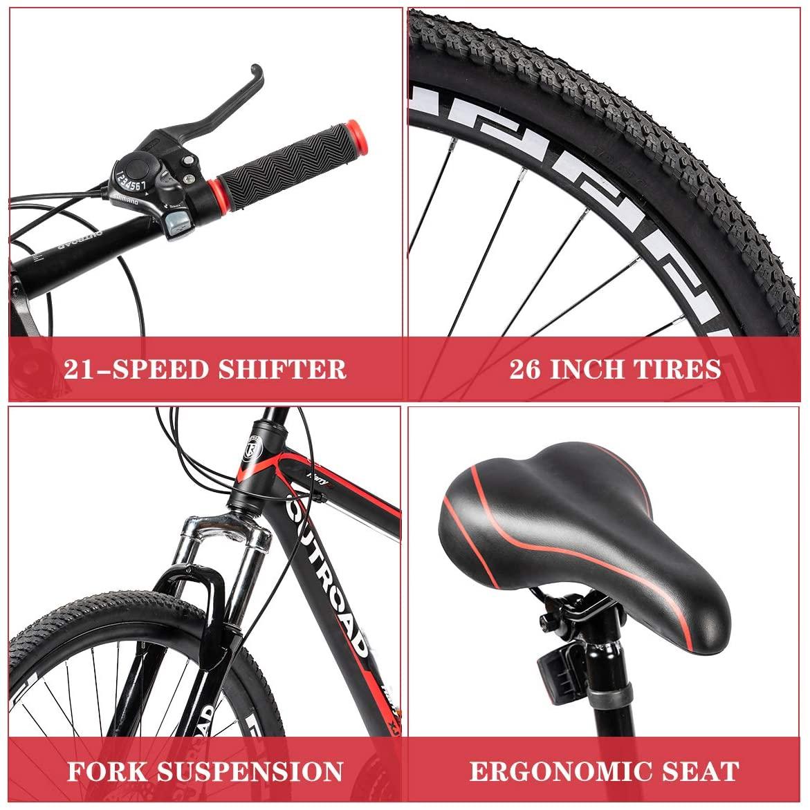 PanAme Mountain Bike 26 Inches 21 Speed Suspension Fork Anti-Slip Bicycle with Dual Disc Brake and High Carbon Steel Frame for Men and Women