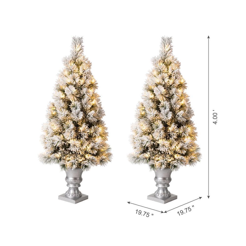 4 ft. Pre-Lit Snow Flocked Pine Artificial Christmas Tree with 100 Warm White Lights (2-Pack)