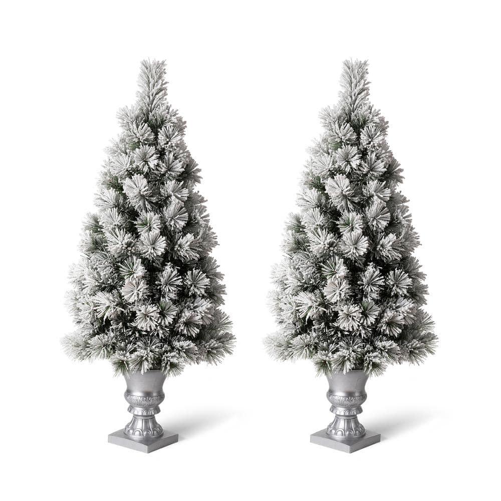 4 ft. Pre-Lit Snow Flocked Pine Artificial Christmas Tree with 100 Warm White Lights (2-Pack)