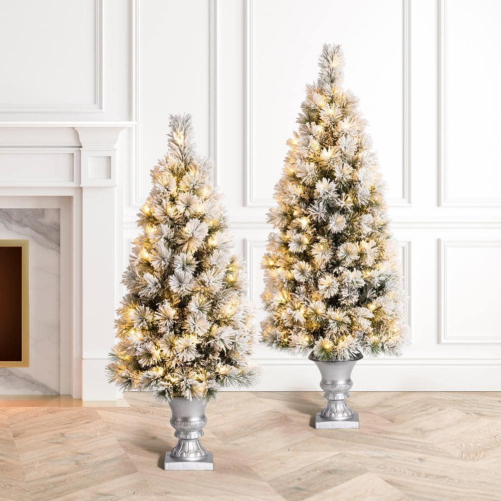 4 ft. Pre-Lit Snow Flocked Pine Artificial Christmas Tree with 100 Warm White Lights (2-Pack)