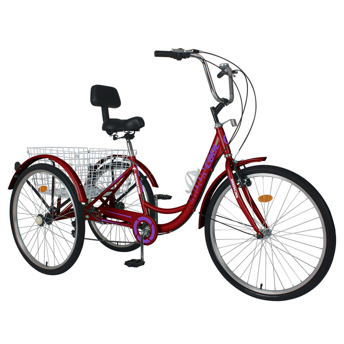 Mooncool Adult Tricycle 7 Speed Trike 26inch 3 Wheel Bike Three-Wheeled Bicycle Cruise Trike Wine Red with Shopping Basket for Seniors, Women, Men.