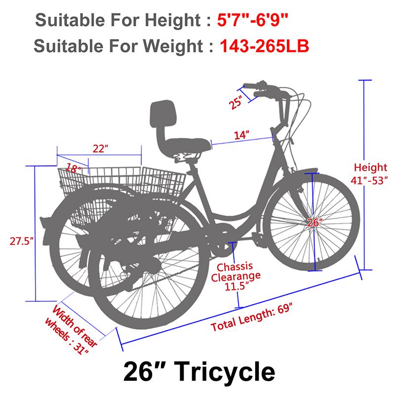 Mooncool Adult Tricycle 7 Speed Trike 26inch 3 Wheel Bike Three-Wheeled Bicycle Cruise Trike Wine Red with Shopping Basket for Seniors, Women, Men.