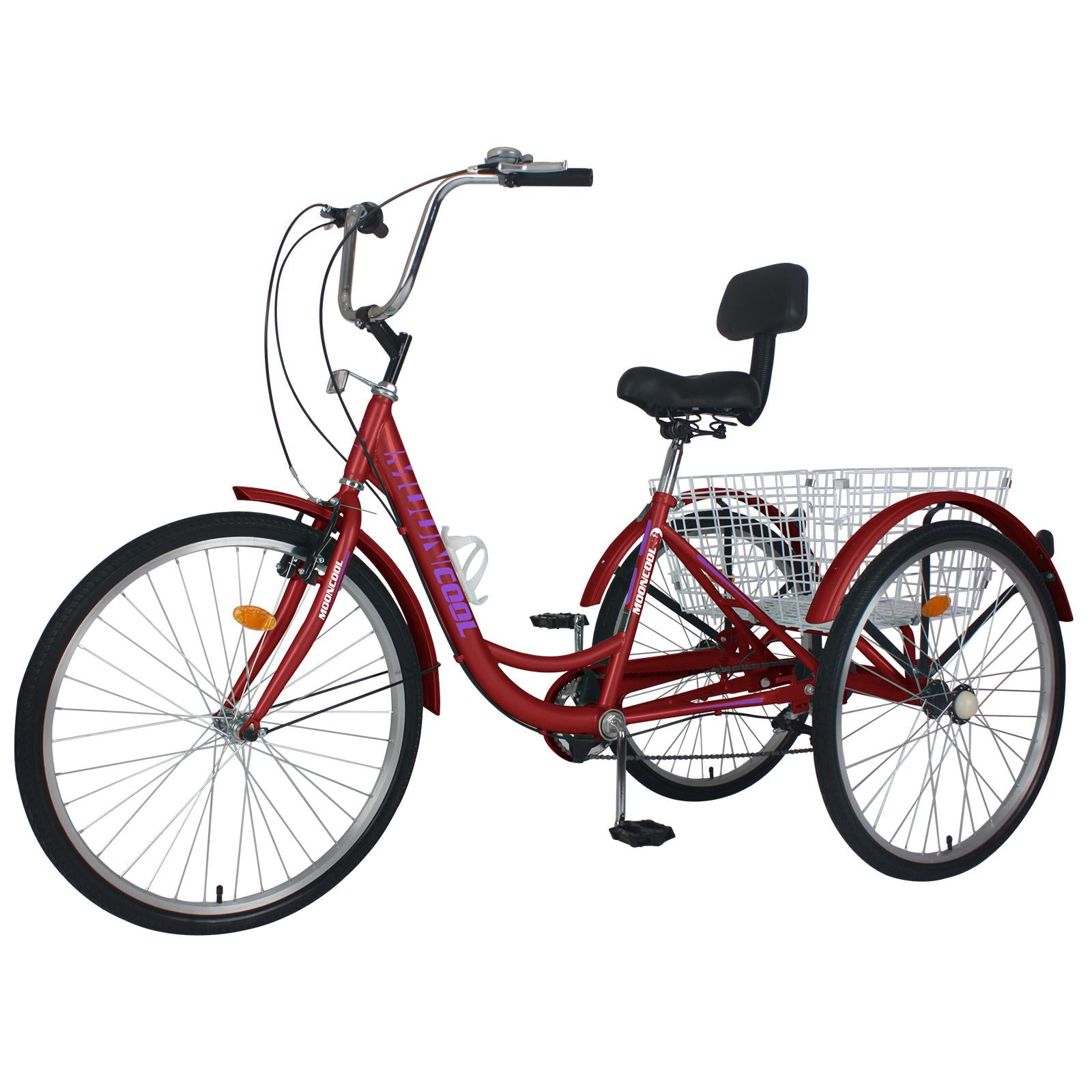 Mooncool Adult Tricycle 7 Speed Trike 26inch 3 Wheel Bike Three-Wheeled Bicycle Cruise Trike Wine Red with Shopping Basket for Seniors, Women, Men.