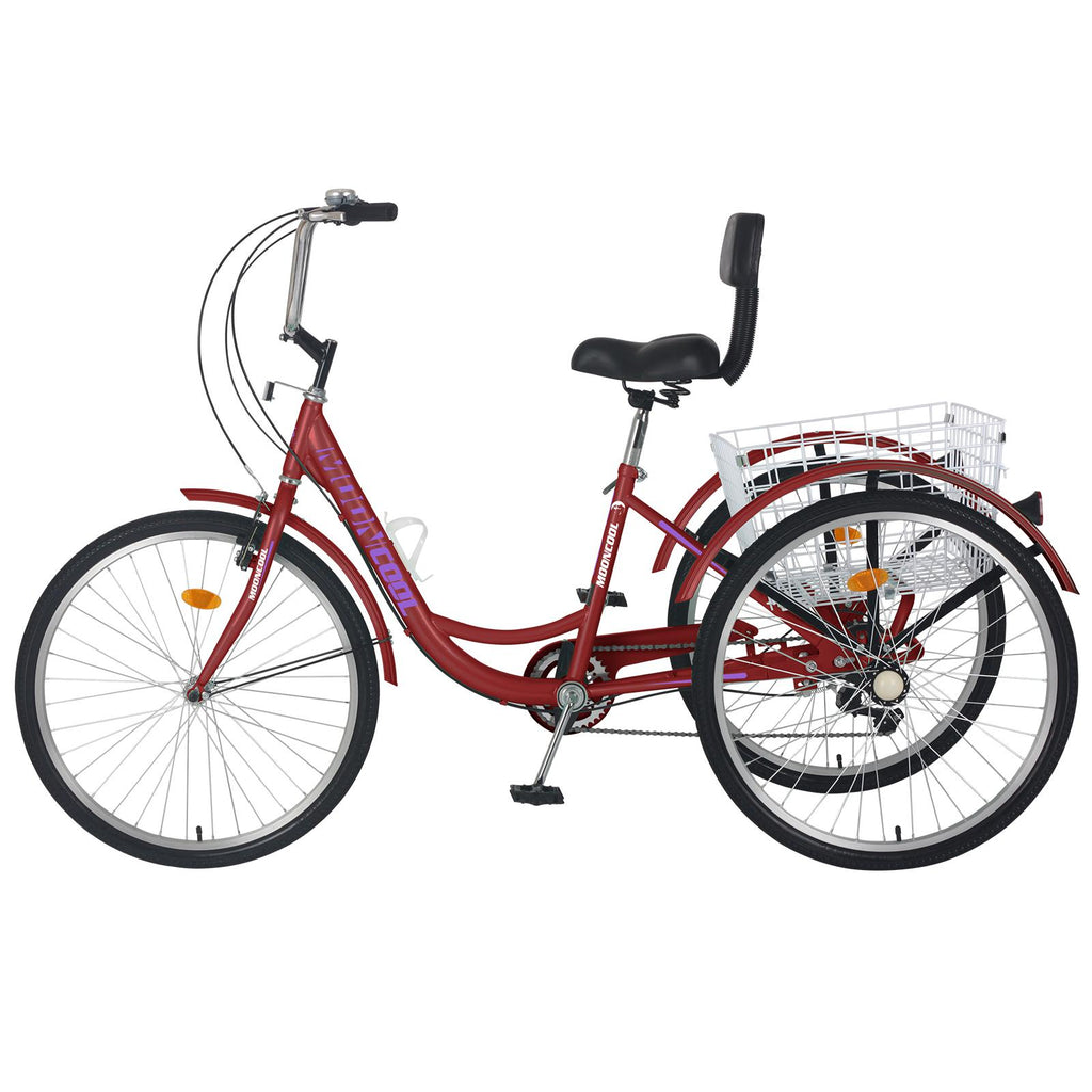 Mooncool Adult Tricycle 7 Speed Trike 26inch 3 Wheel Bike Three-Wheeled Bicycle Cruise Trike Wine Red with Shopping Basket for Seniors, Women, Men.