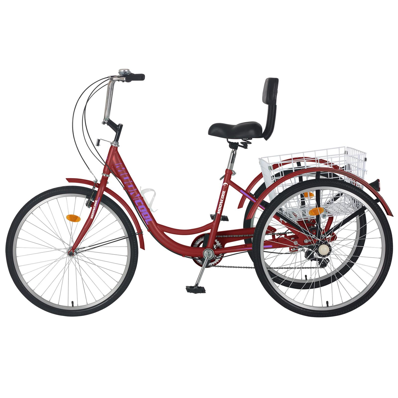 Mooncool Adult Tricycle 7 Speed Trike 26inch 3 Wheel Bike Three-Wheeled Bicycle Cruise Trike Wine Red with Shopping Basket for Seniors, Women, Men.