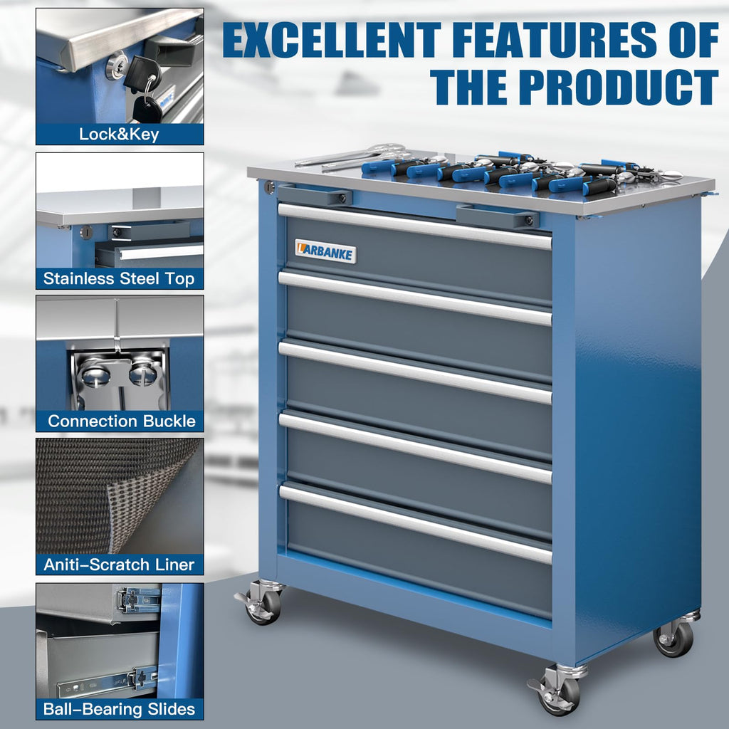 20 Drawer Rolling Tool Chest Combo,Tool Cabinet with  Countertop, Modular Tool Chest with LocDrawers and Connection Parts, 360° Swivel BraWheels & Padded Feet, Blue