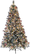 Joedot 7.5 ft. Pre-Lit Sterling Pine Artificial Christmas Tree with 600 UL-Listed Clear Lights, Pine Cones, Red Berries and Silver Glitter Accents